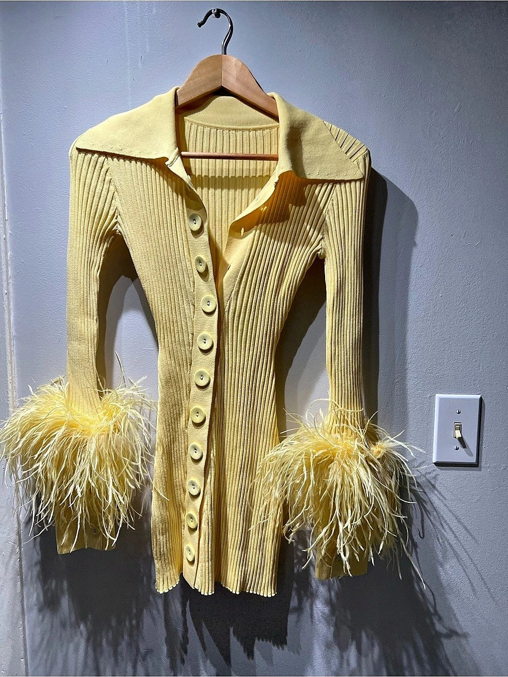 Fumi The Label Marigold Mini Dress Ribbed Feather Cuff Yellow XS